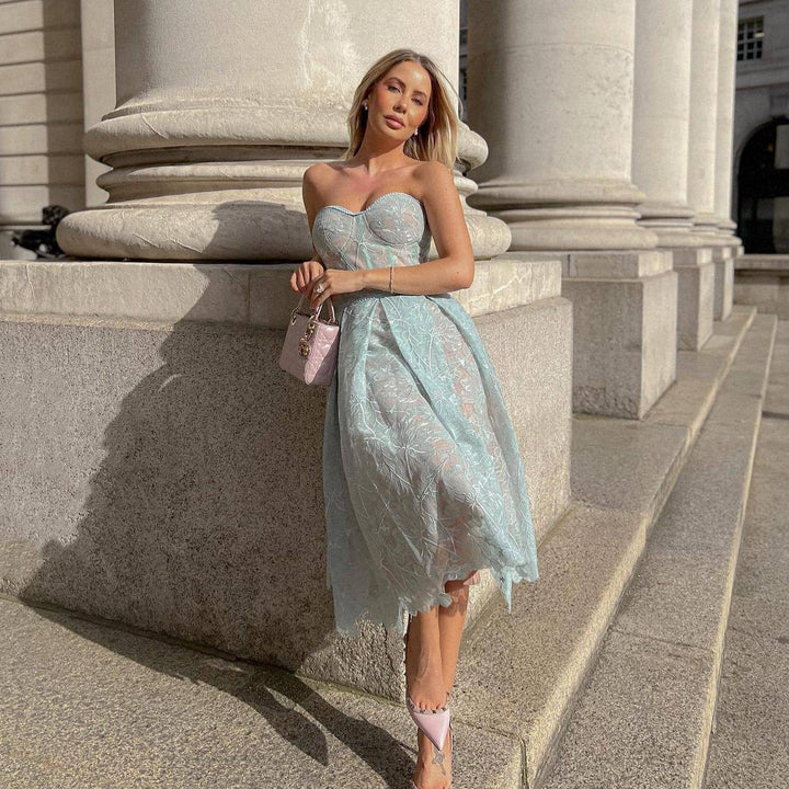Luna | Women's Strapless Lace Midi Dress with Corset Top