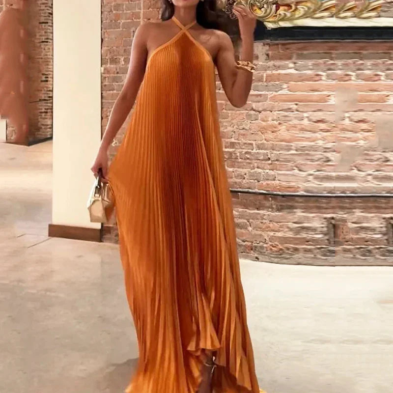 Mira | Women's Chic Pleated Halter Neck Maxi Dress