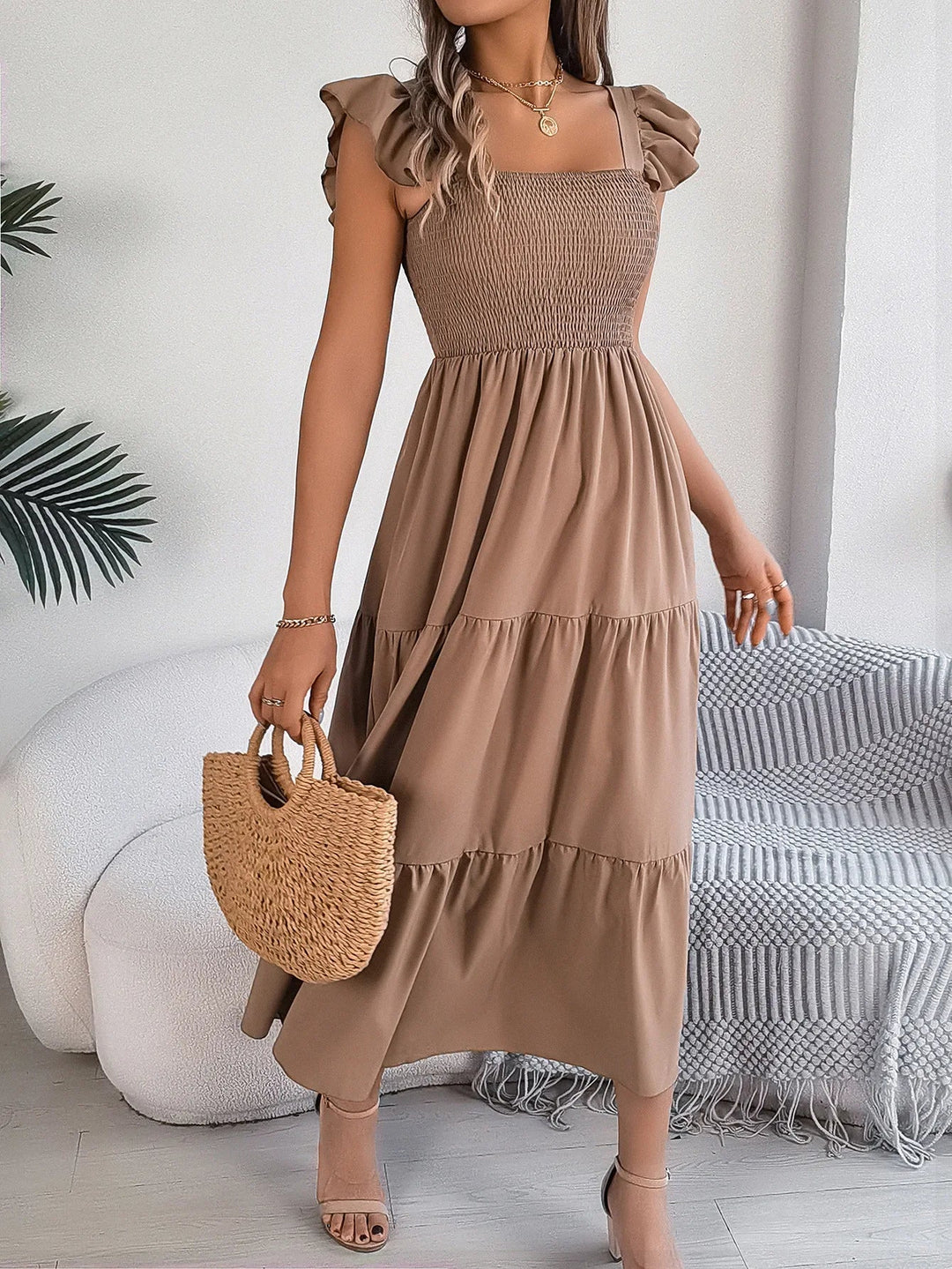 Yessa | Women's Elegant Tiered Midi Dress with Ruffle Detail and Smocking