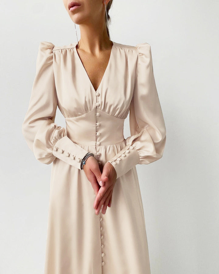 Arya | Women's V-Neck Midi Dress with Buttons