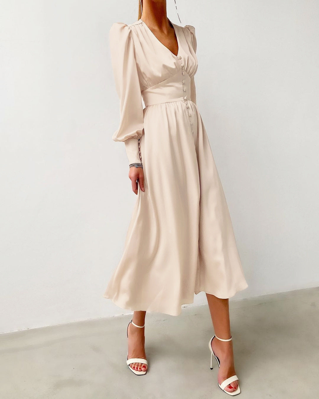 Arya | Women's V-Neck Midi Dress with Buttons