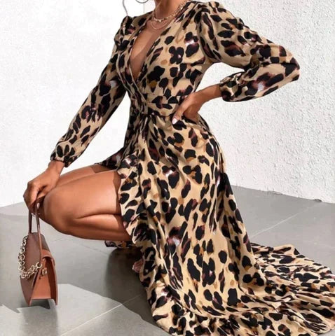 Lisandra | Women's Leopard Print Elegant Midi Dress with V-Neck