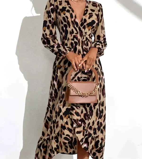 Lisandra | Women's Leopard Print Elegant Midi Dress with V-Neck