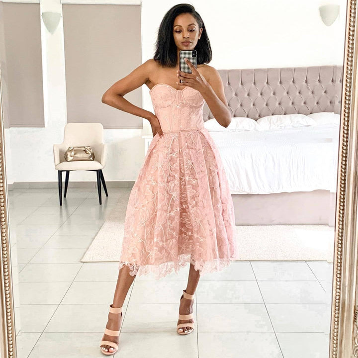 Luna | Women's Strapless Lace Midi Dress with Corset Top