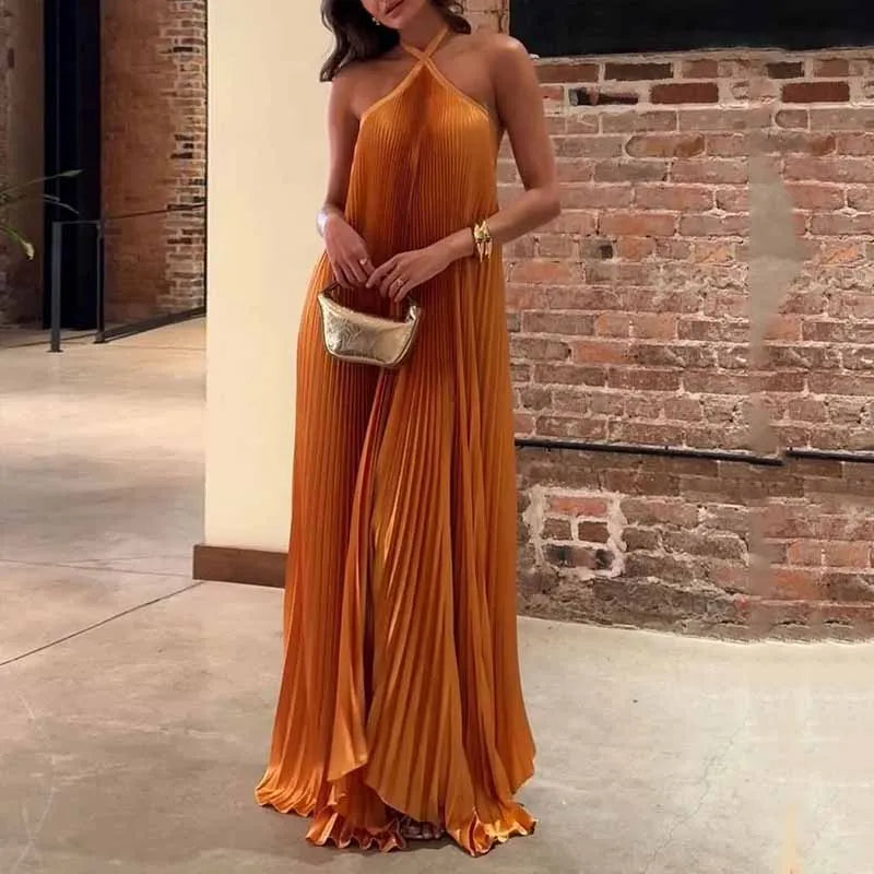 Mira | Women's Chic Pleated Halter Neck Maxi Dress