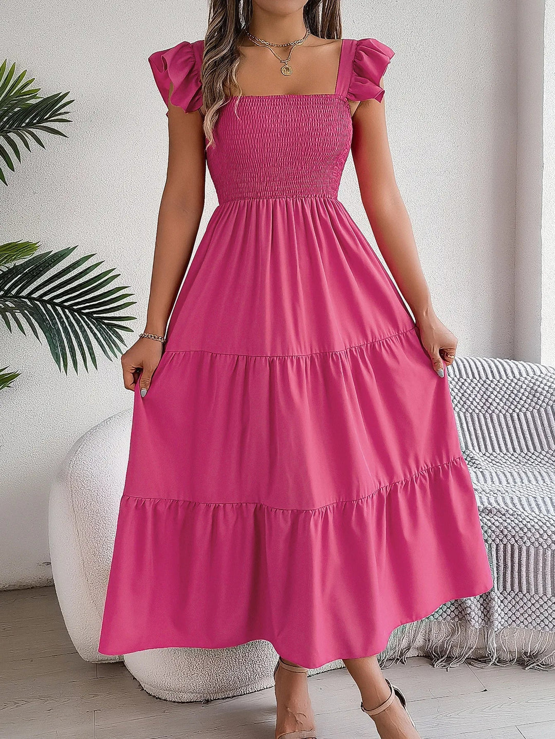 Yessa | Women's Elegant Tiered Midi Dress with Ruffle Detail and Smocking