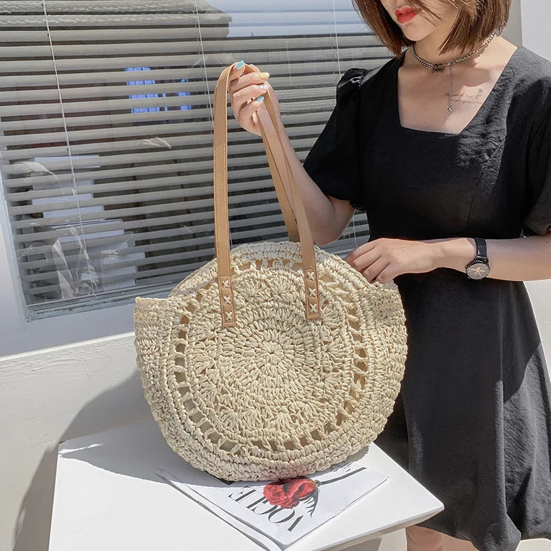 Arnora | Round Woven Handbag with Faux Straps
