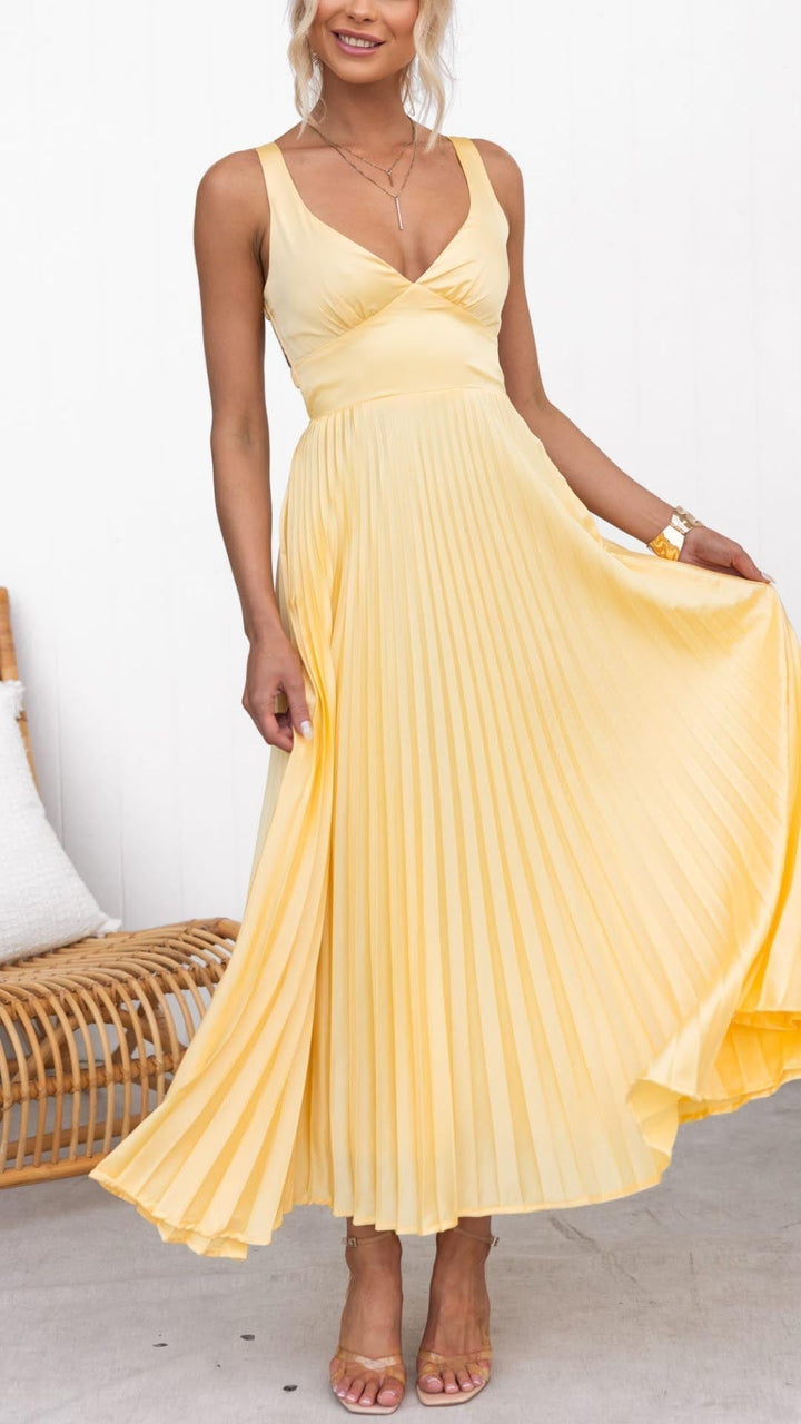 Aby | Women's Yellow Pleated V-Neck Maxi Dress