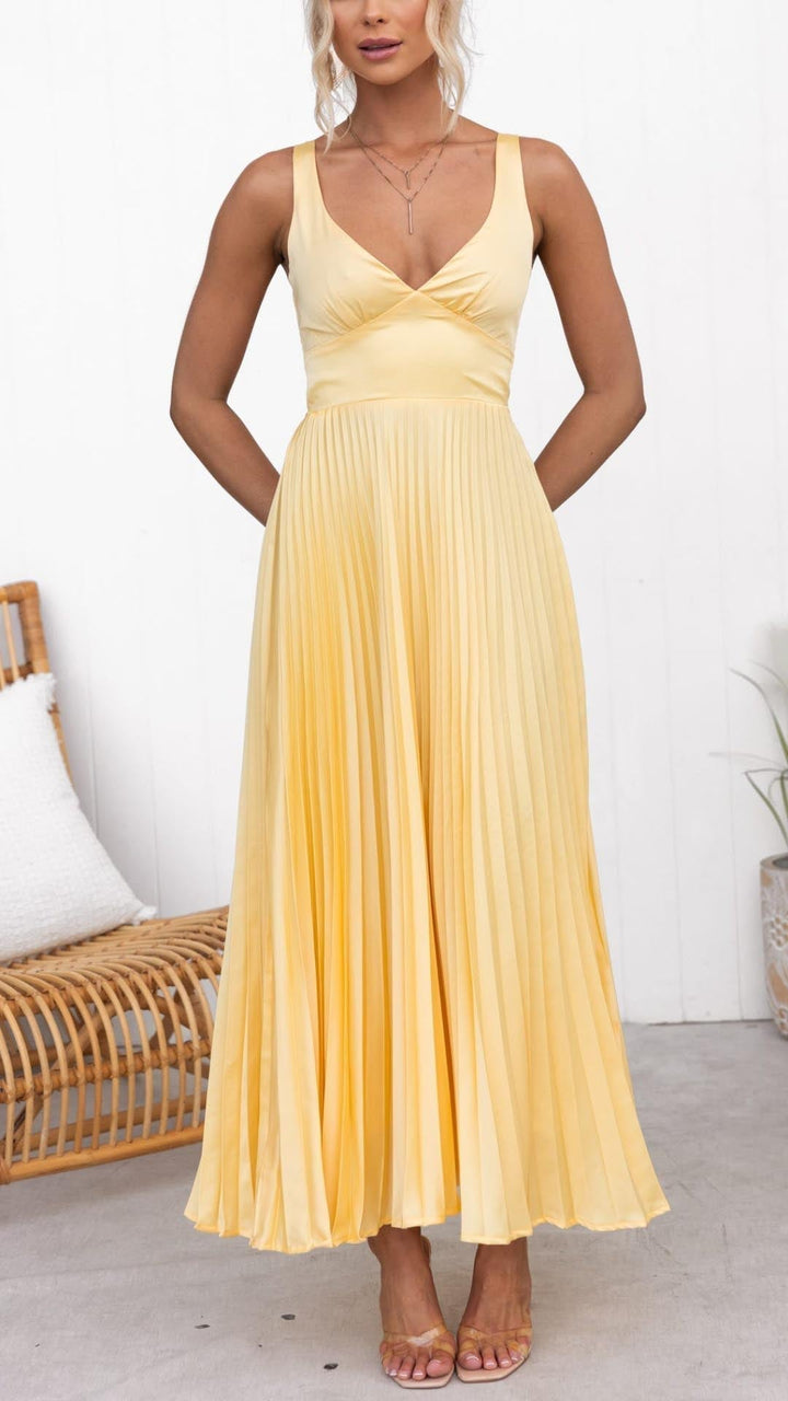 Aby | Women's Yellow Pleated V-Neck Maxi Dress
