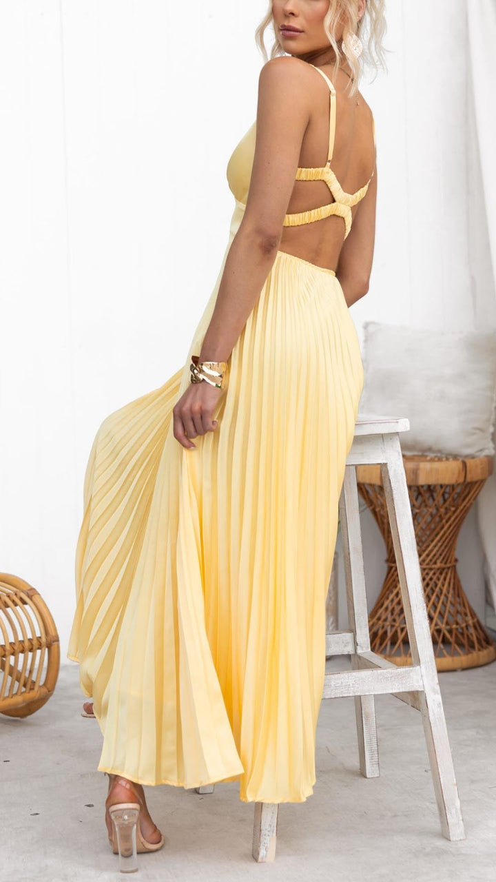Aby | Women's Yellow Pleated V-Neck Maxi Dress
