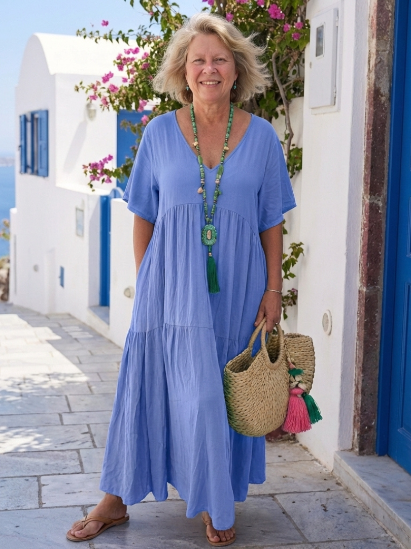 Zinnia | Women's Relaxed Short Sleeve Tiered Blue Maxi Dress