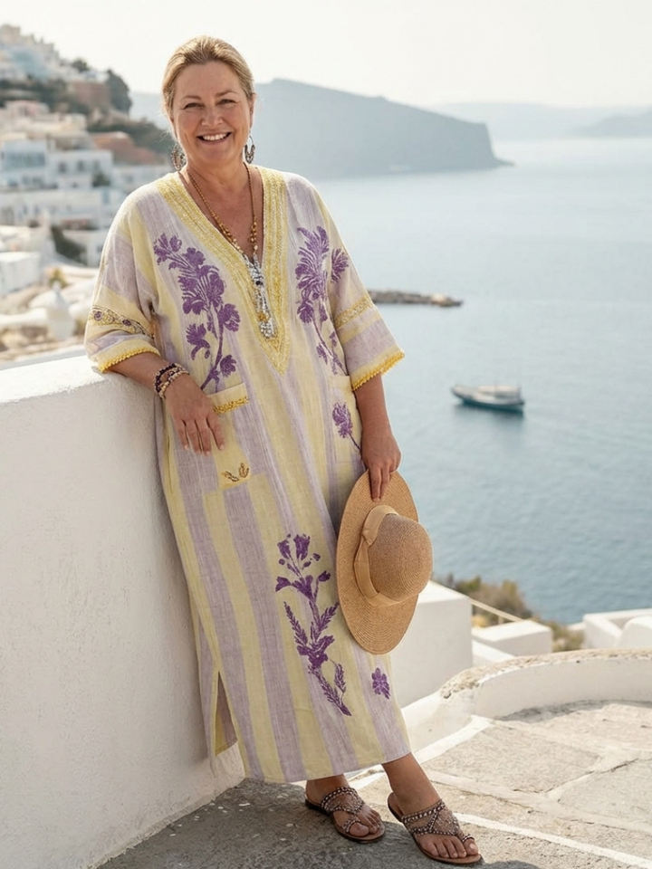 Aurelia | Women's Relaxed V Neck Half Sleeve Striped Floral Maxi Dress with Pockets
