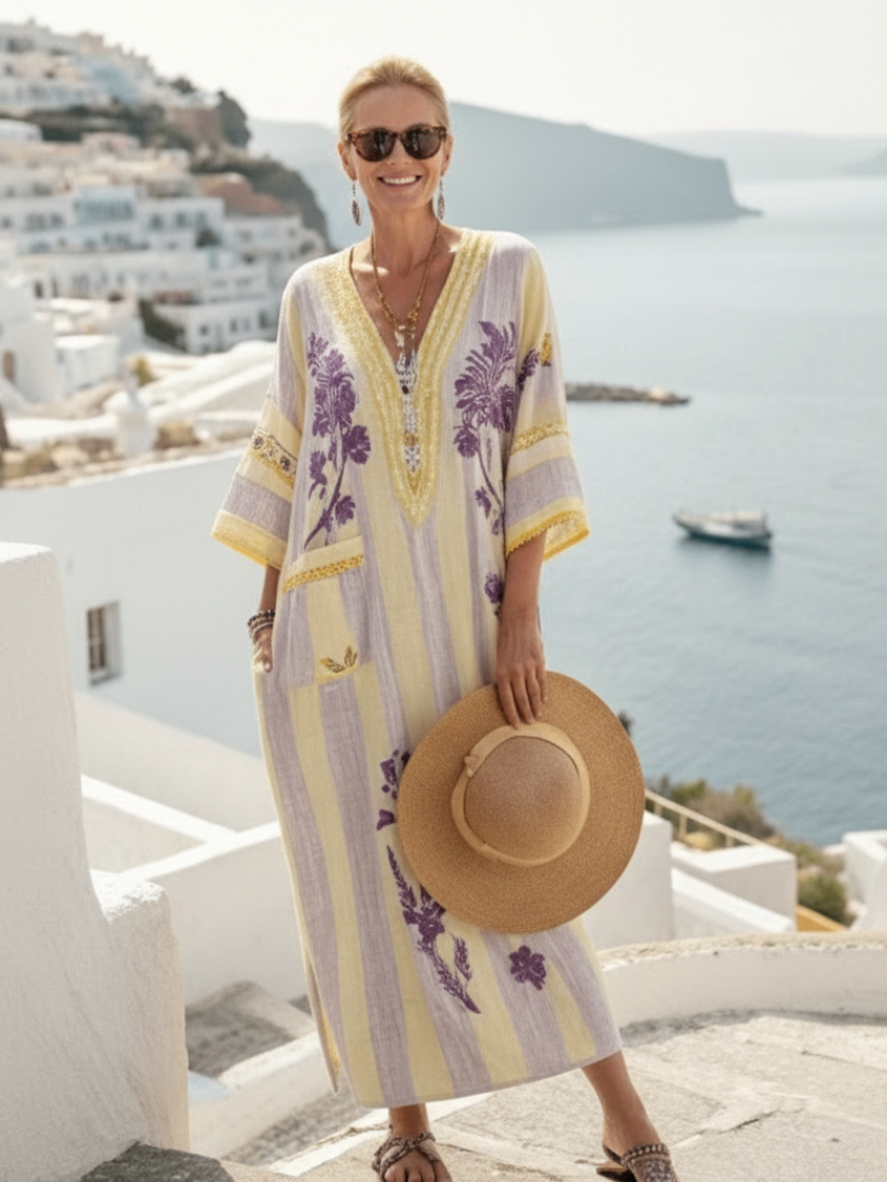 Aurelia | Women's Relaxed V Neck Half Sleeve Striped Floral Maxi Dress with Pockets