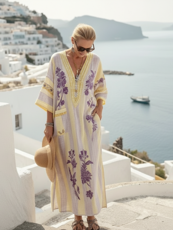 Aurelia | Women's Relaxed V Neck Half Sleeve Striped Floral Maxi Dress with Pockets