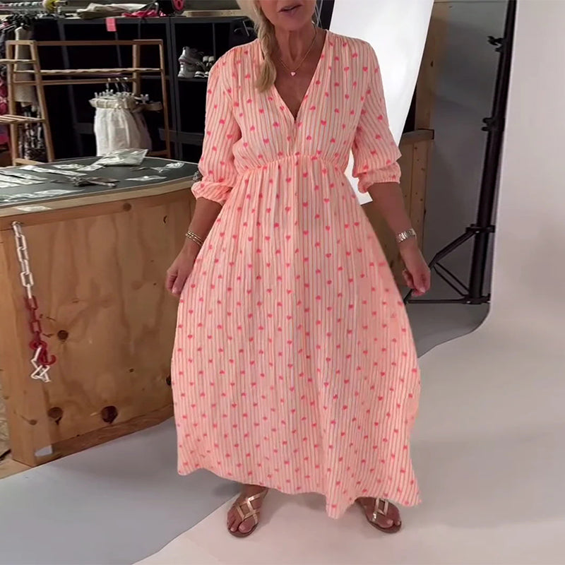 Belle | Women's Striped Elegant V-Neck Heart Patterned Maxi Dress with Lace-Up