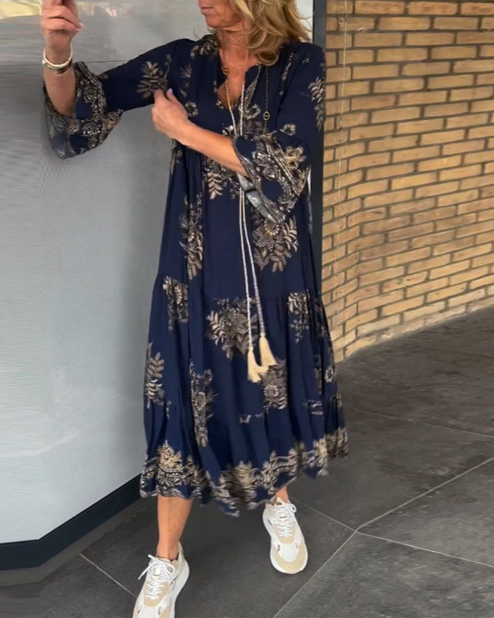 Rose | Women's Floral Vintage Loose V-Neck Midi Dress