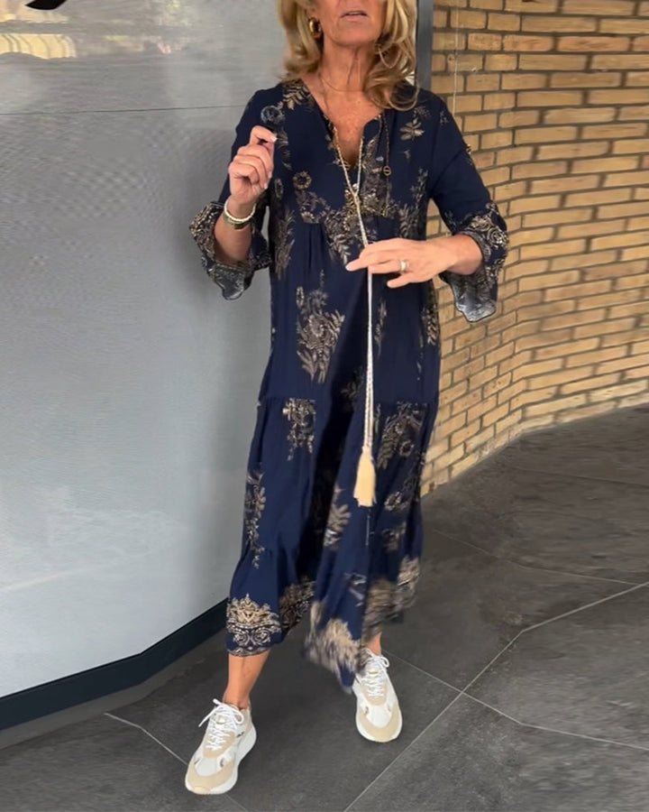 Rose | Women's Floral Vintage Loose V-Neck Midi Dress