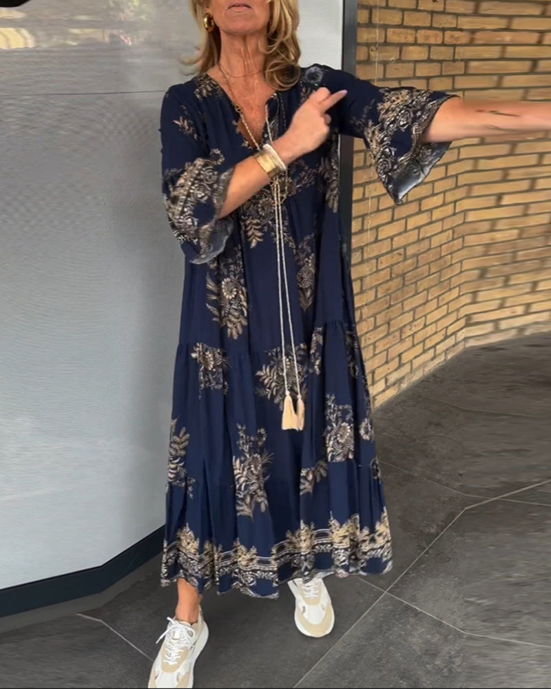 Rose | Women's Floral Vintage Loose V-Neck Midi Dress