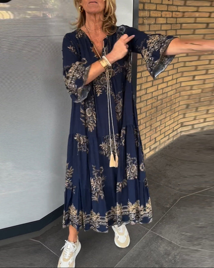 Rose | Women's Floral Vintage Loose V-Neck Midi Dress
