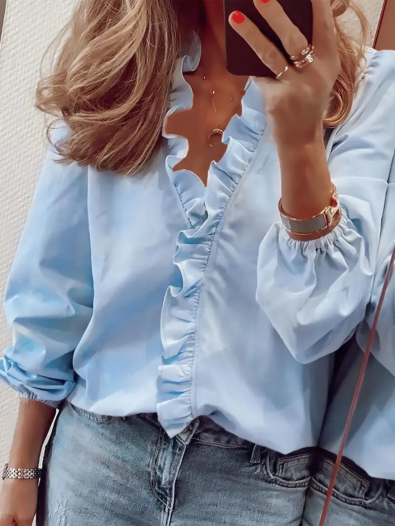 Aria | Women's V-Neck Shirt with Ruffle Detail