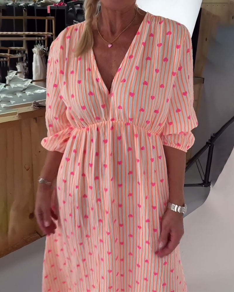 Belle | Women's Striped Elegant V-Neck Heart Patterned Maxi Dress with Lace-Up