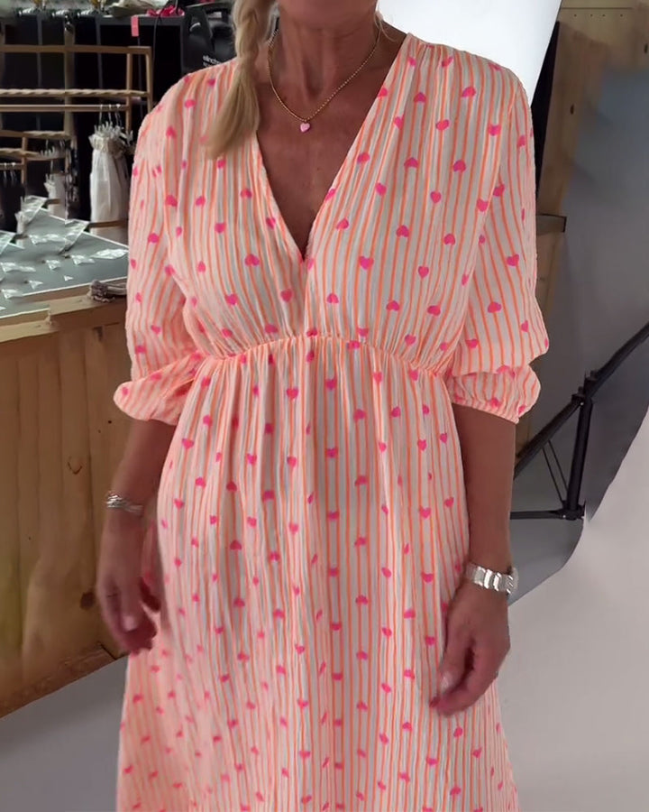 Belle | Women's Striped Elegant V-Neck Heart Patterned Maxi Dress with Lace-Up