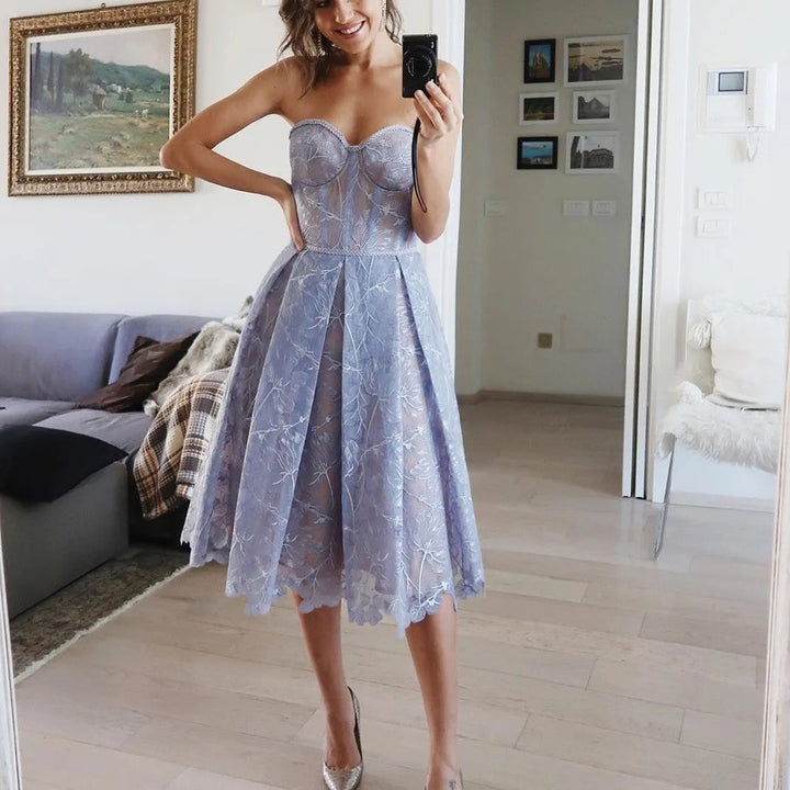 Luna | Women's Strapless Lace Midi Dress with Corset Top