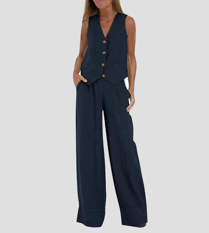 Aira | Women's Buttoned Vest & Wide-Leg Trousers Set