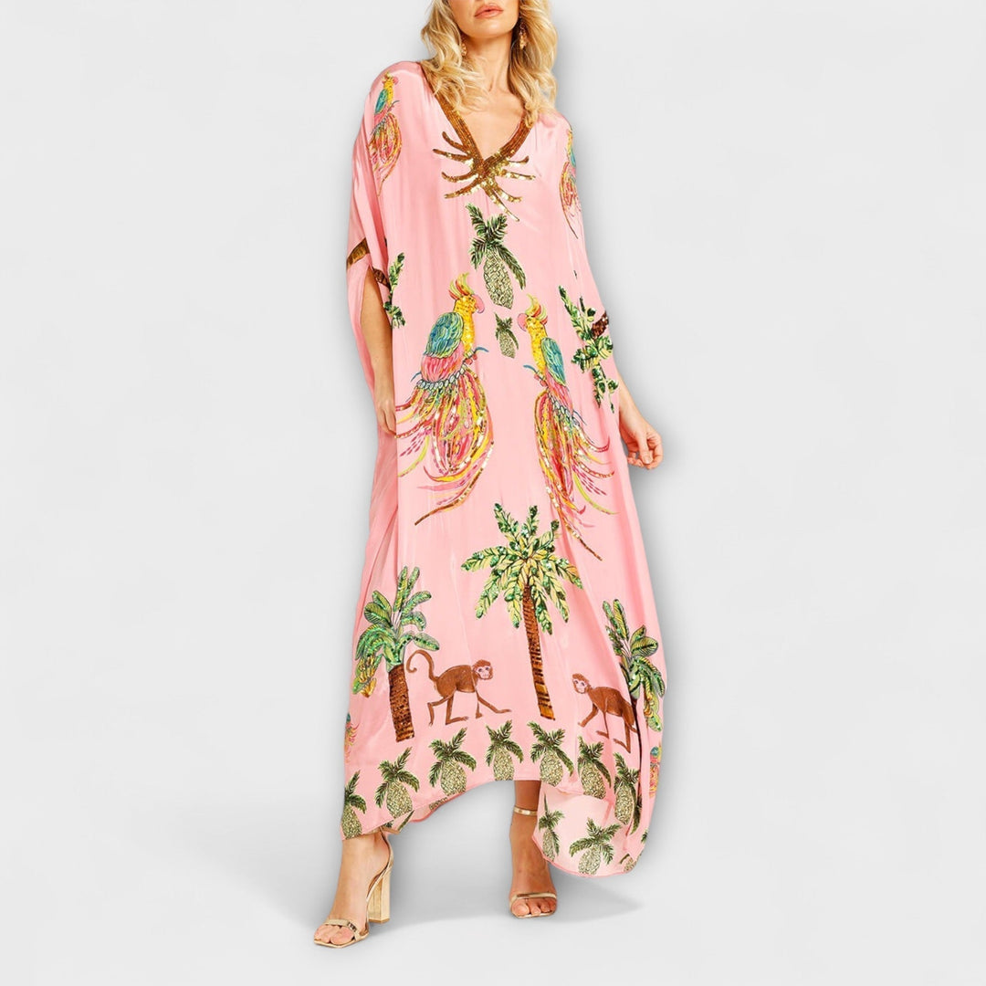 Linda | Women's Gorgeous Maxi Dress Featuring Asymmetrical Shoulders and Tropical Coconut Tree Print