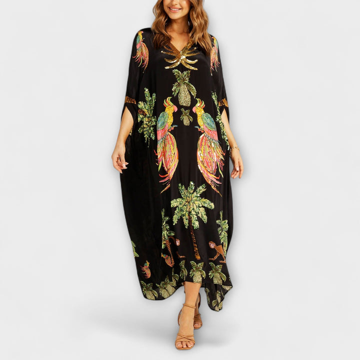 Linda | Women's Gorgeous Maxi Dress Featuring Asymmetrical Shoulders and Tropical Coconut Tree Print