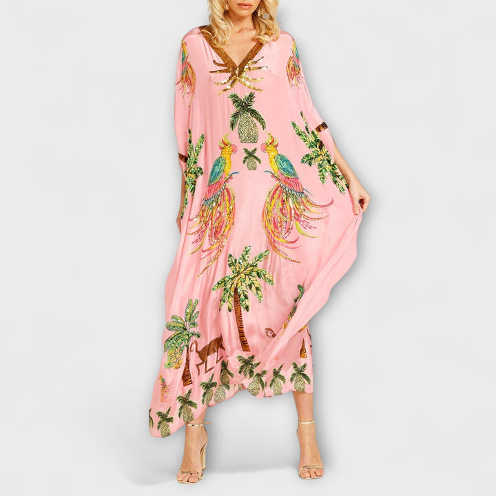 Linda | Women's Gorgeous Maxi Dress Featuring Asymmetrical Shoulders and Tropical Coconut Tree Print