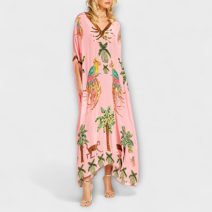 Linda | Women's Gorgeous Maxi Dress Featuring Asymmetrical Shoulders and Tropical Coconut Tree Print