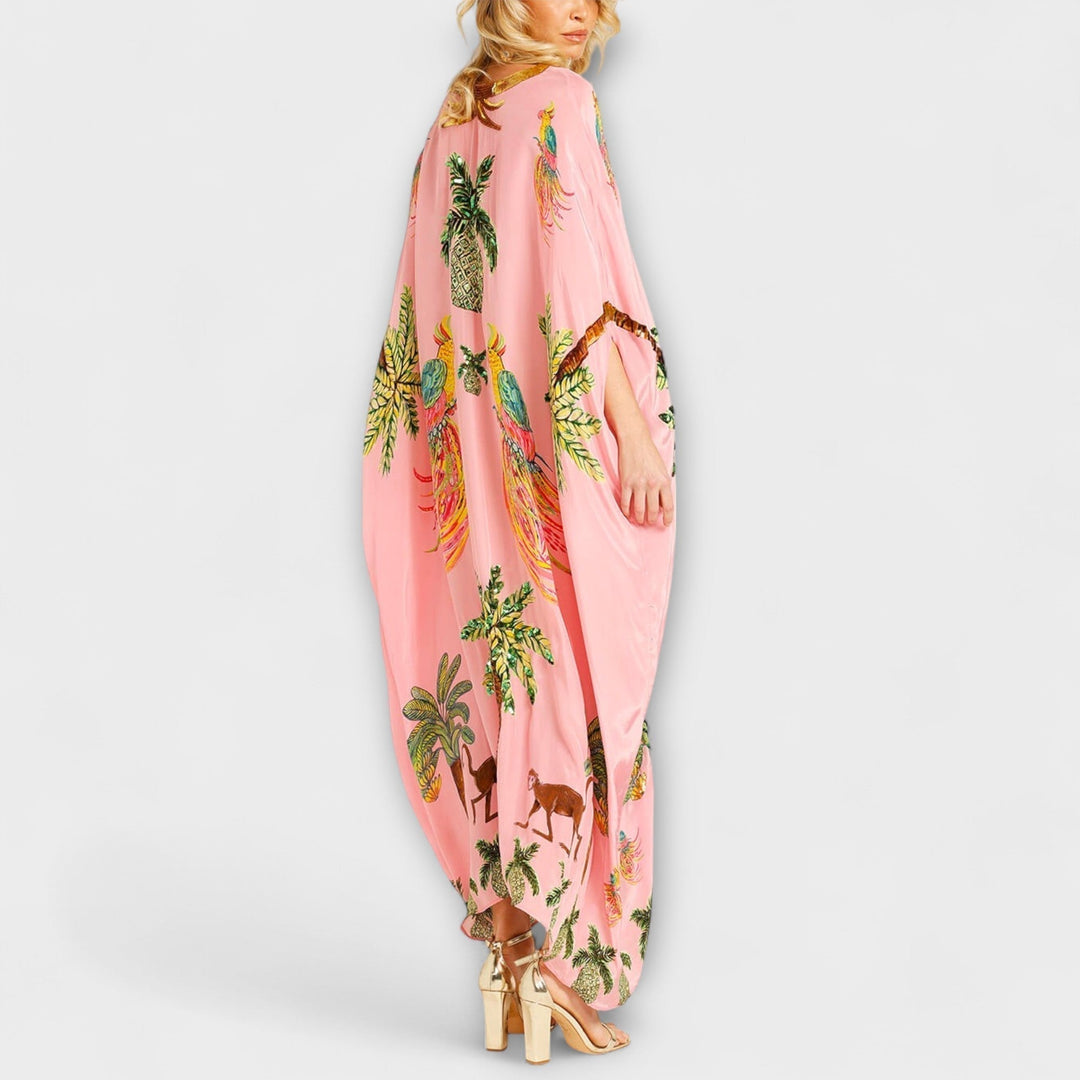 Linda | Women's Gorgeous Maxi Dress Featuring Asymmetrical Shoulders and Tropical Coconut Tree Print