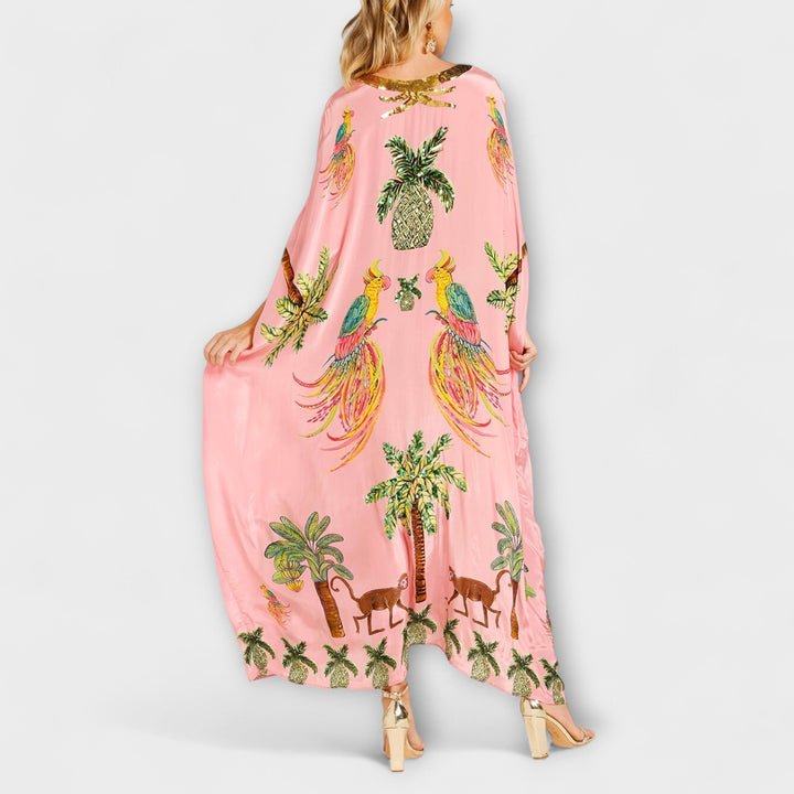 Linda | Women's Gorgeous Maxi Dress Featuring Asymmetrical Shoulders and Tropical Coconut Tree Print