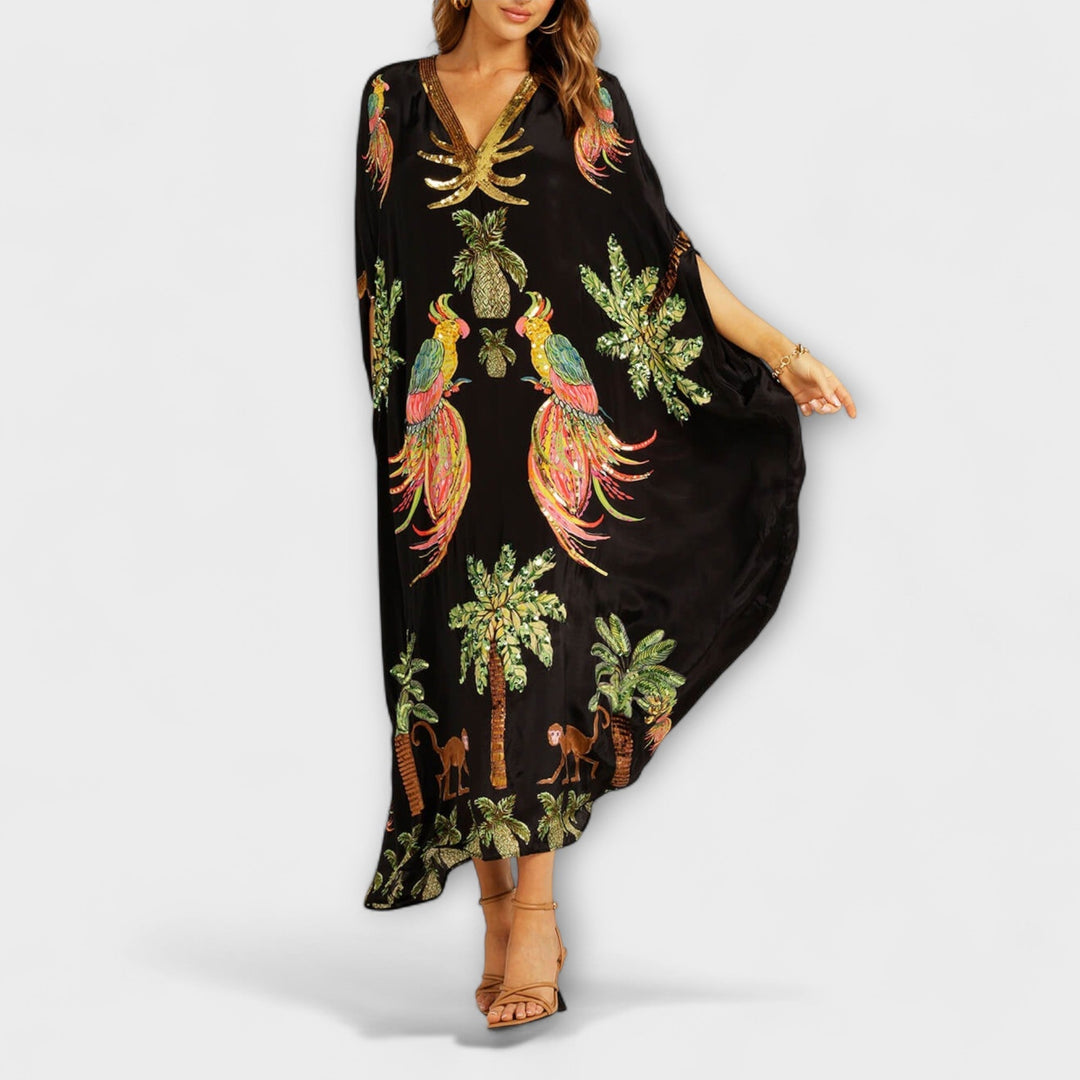Linda | Women's Gorgeous Maxi Dress Featuring Asymmetrical Shoulders and Tropical Coconut Tree Print
