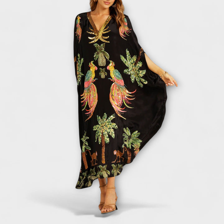 Linda | Women's Gorgeous Maxi Dress Featuring Asymmetrical Shoulders and Tropical Coconut Tree Print