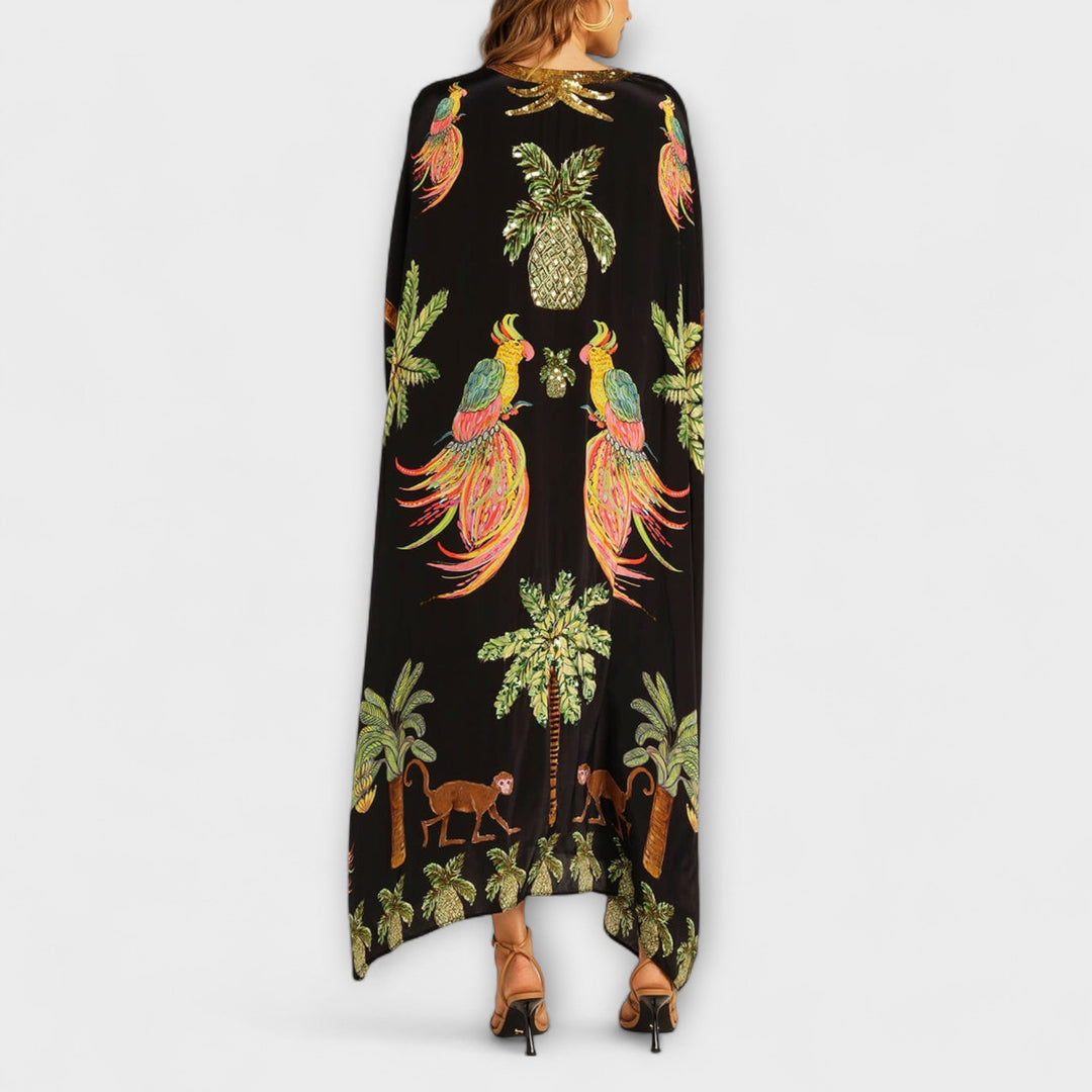 Linda | Women's Gorgeous Maxi Dress Featuring Asymmetrical Shoulders and Tropical Coconut Tree Print