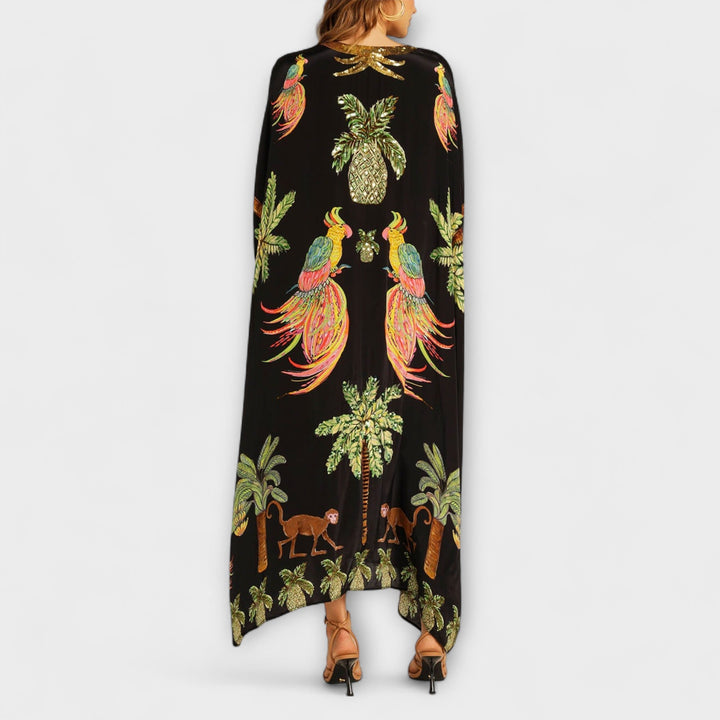 Linda | Women's Gorgeous Maxi Dress Featuring Asymmetrical Shoulders and Tropical Coconut Tree Print