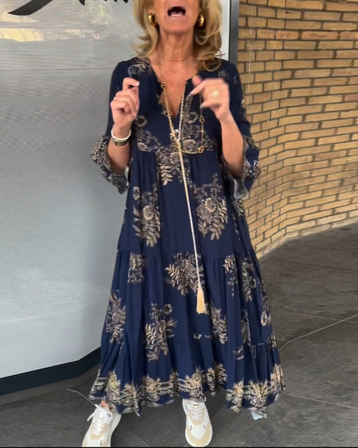 Rose | Women's Floral Vintage Loose V-Neck Midi Dress
