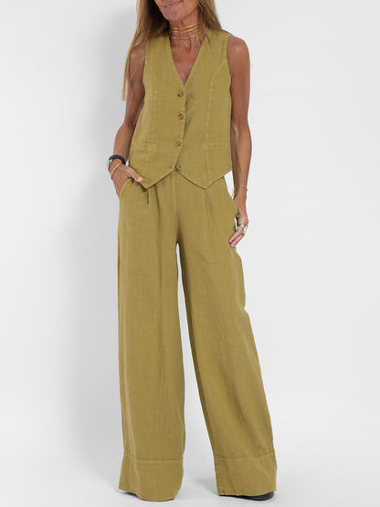 Aira | Women's Buttoned Vest & Wide-Leg Trousers Set