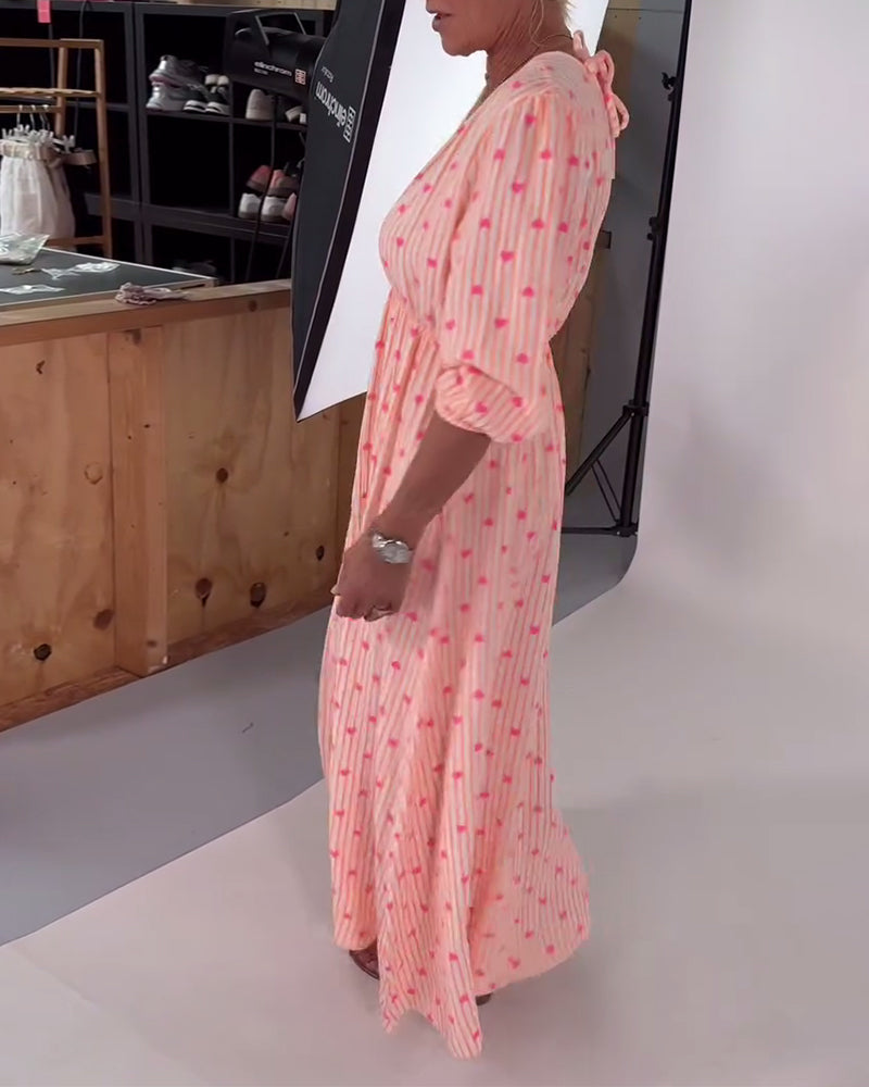 Belle | Women's Striped Elegant V-Neck Heart Patterned Maxi Dress with Lace-Up