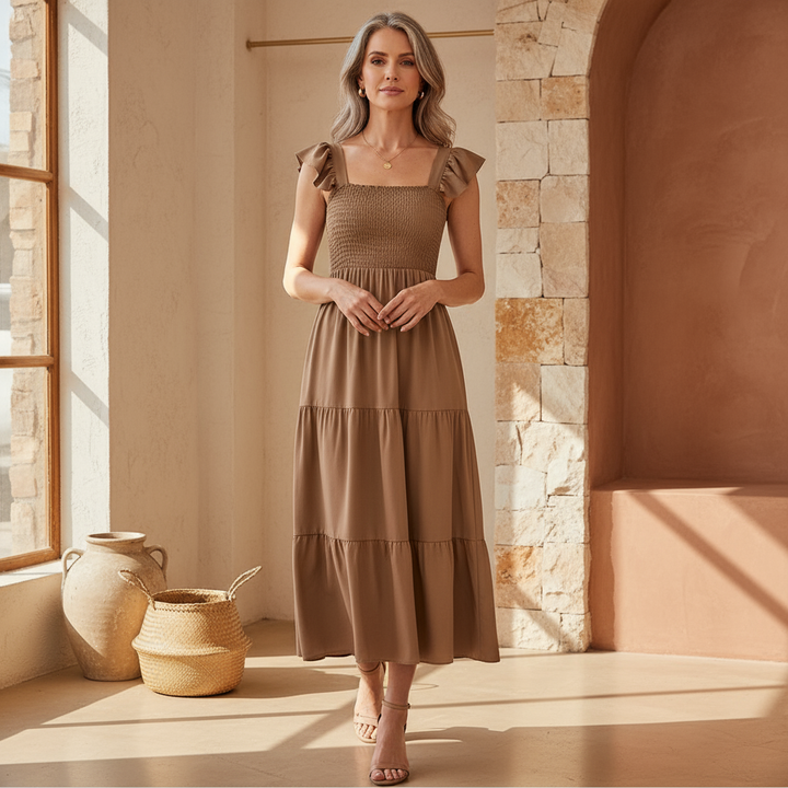 Yessa | Women's Elegant Tiered Midi Dress with Ruffle Detail and Smocking