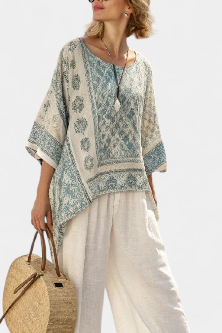 Annalisa | Women's Longline Comfortable Printed Blouse and White Wide-Leg Trousers