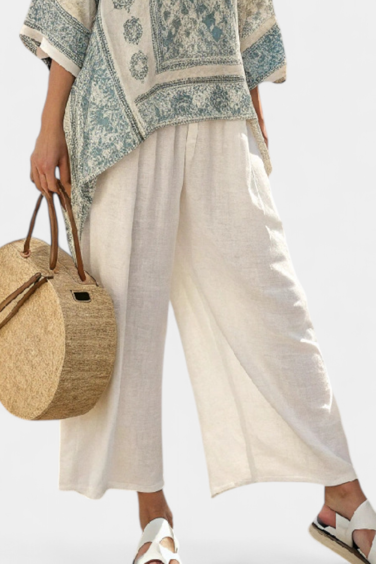 Annalisa | Women's Longline Comfortable Printed Blouse and White Wide-Leg Trousers