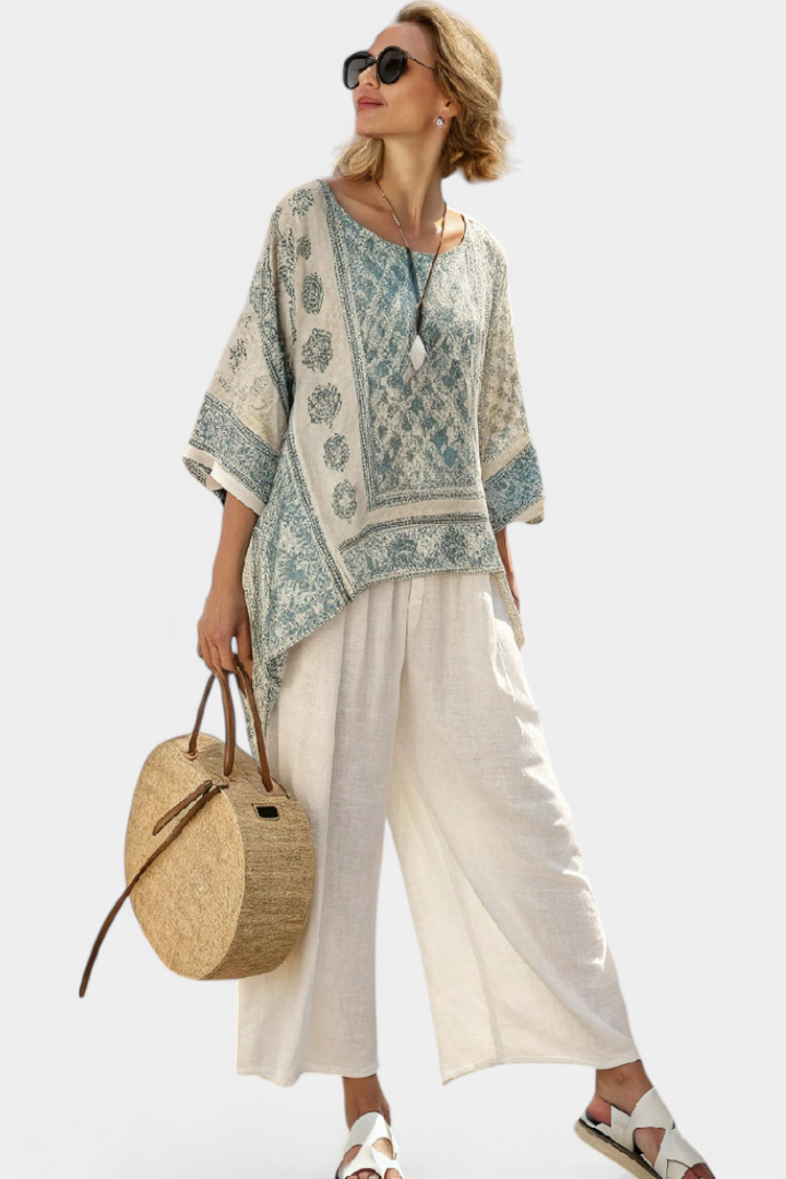 Annalisa | Women's Longline Comfortable Printed Blouse and White Wide-Leg Trousers