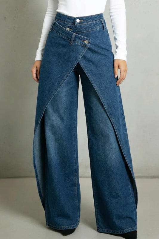 Women's Vintage-Inspired High-Waisted Denim Jeans with Ruffled Hem and Tie-Waist