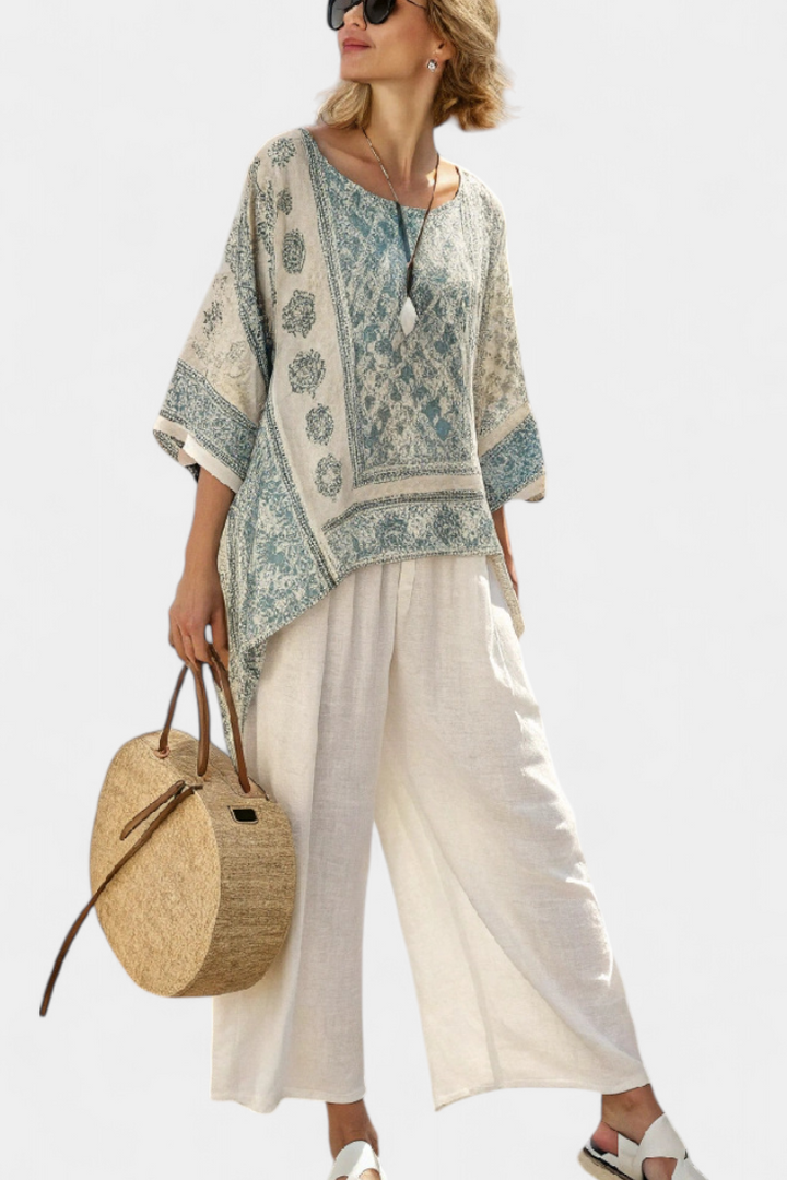 Annalisa | Women's Longline Comfortable Printed Blouse and White Wide-Leg Trousers