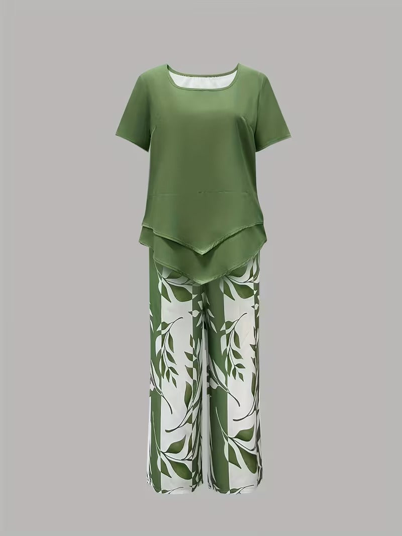 Arvessa | Women's Relaxed Leaf Print Two-Piece Ensemble