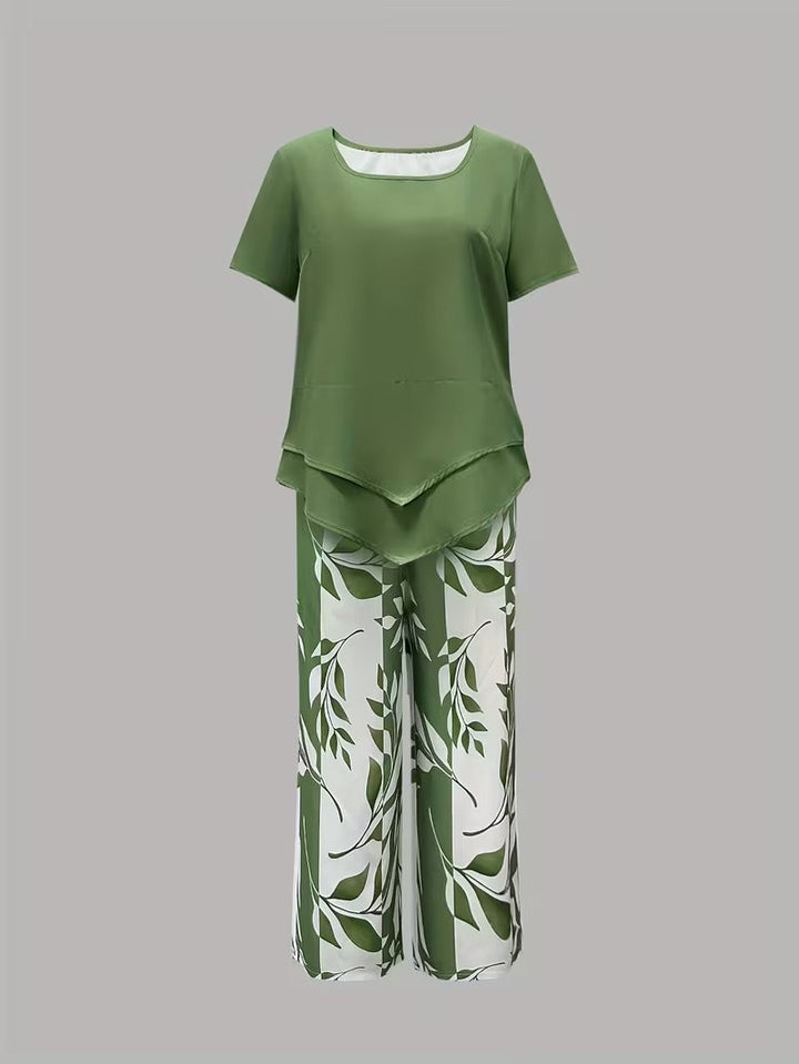 Arvessa | Women's Relaxed Leaf Print Two-Piece Ensemble
