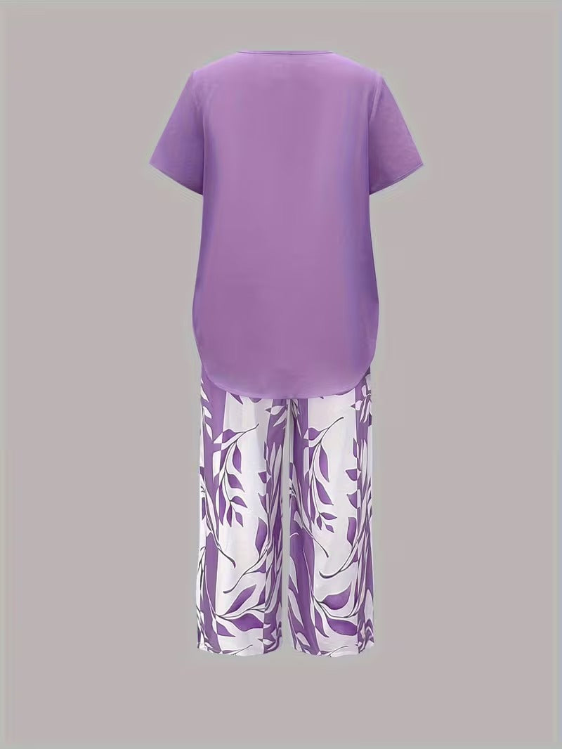 Arvessa | Women's Relaxed Leaf Print Two-Piece Ensemble
